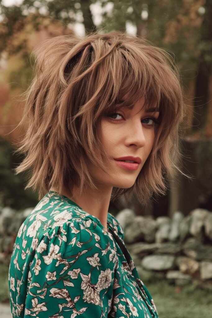 Caramel Brown Textured Shag with Soft Fringe