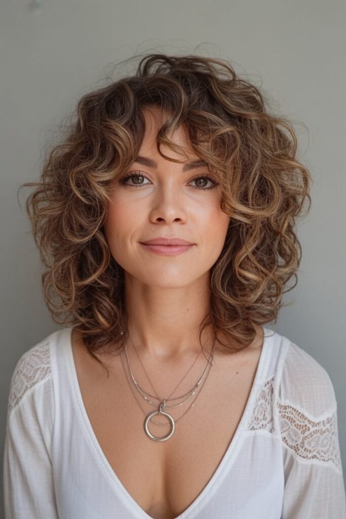 Caramel-Highlighted Curly Shag with Face-Framing Bangs