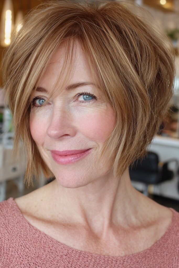 Caramel Layered Bob with Side-Swept Fringe