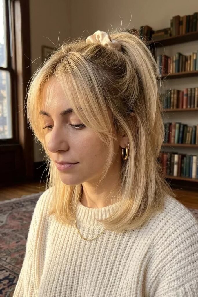 Casual Blonde High Ponytail with Curtain Bangs