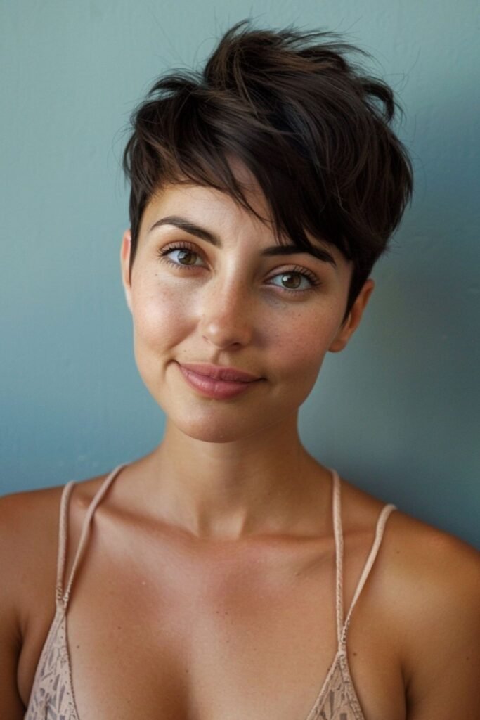 Casual Tousled Dark Pixie with Side Fringe