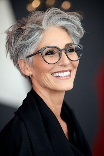 Channeled Silver Pixie Cut with Side-Swept Volume
