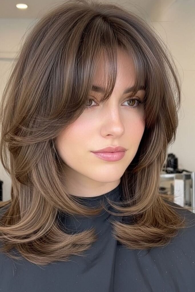 Chestnut Brown Blowout with Soft Volume and Curtain Bangs