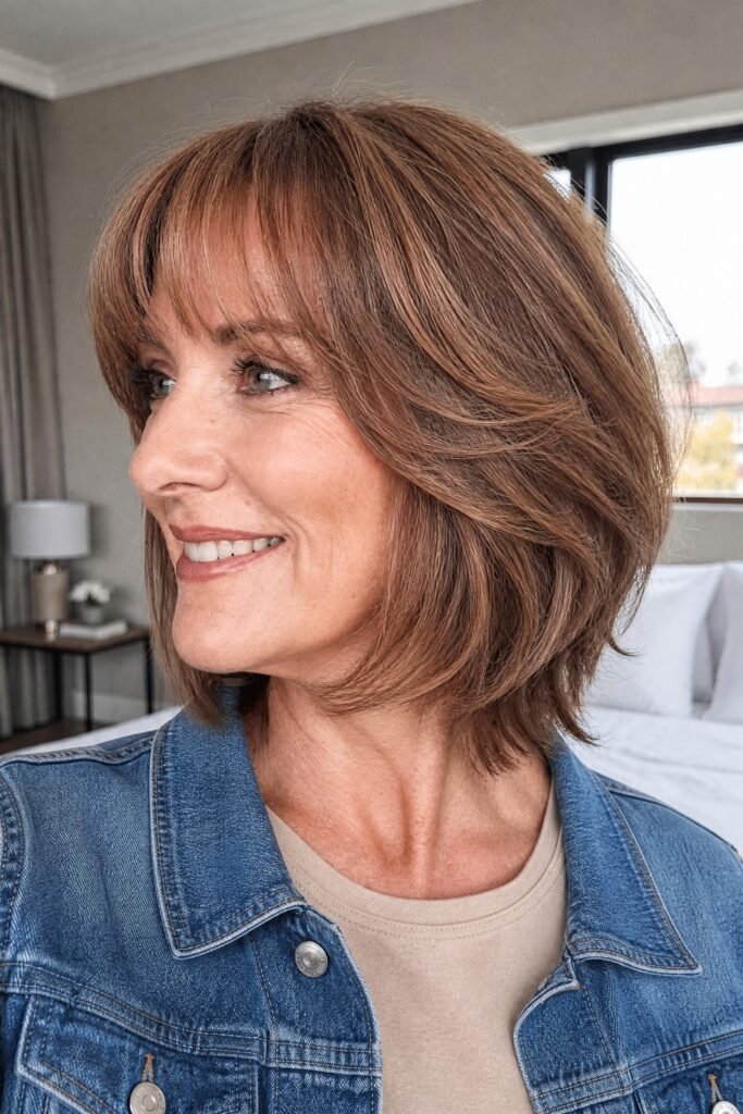 Chestnut Brown Bob with Side-Swept Layers and Bangs