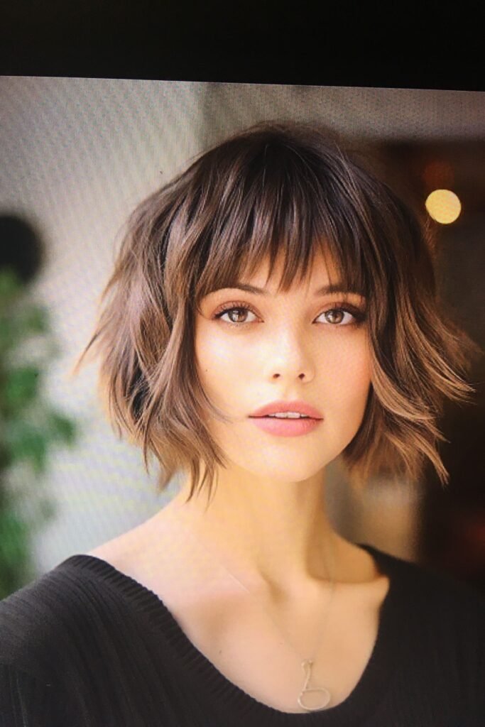 Chestnut Brown Layered Bob with Soft Bangs