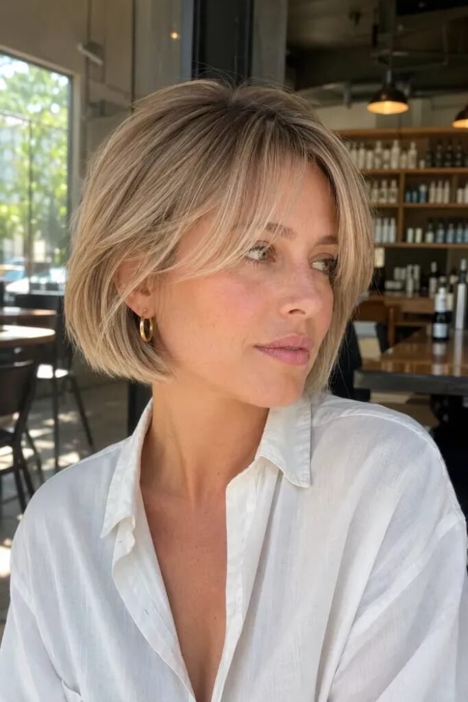 Chic Blonde Bob with Soft Face-Framing Curtain Bangs