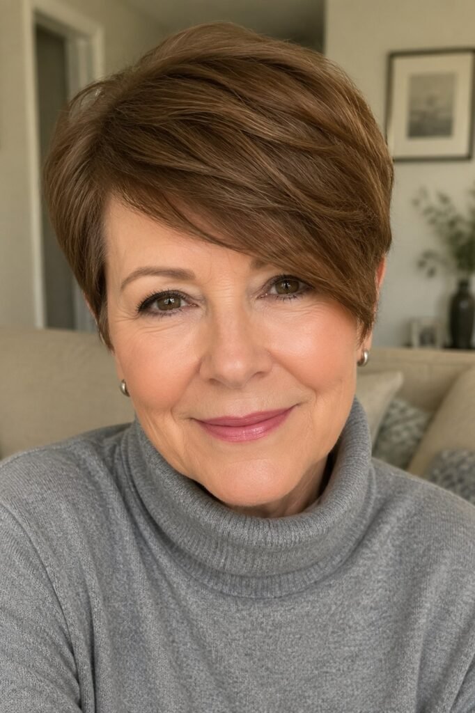 Chic Brown Pixie with Soft Side-Swept Bangs