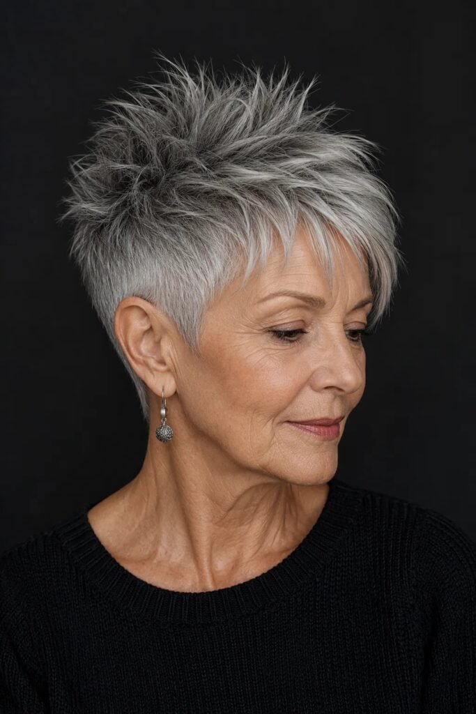 Chic Silver Pixie Cut with Piecey Spiked Texture