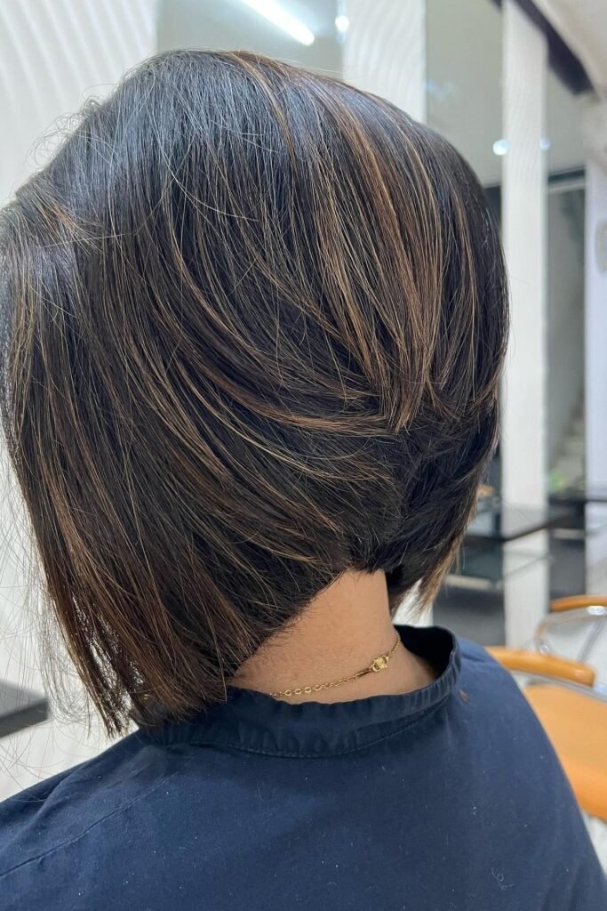 Chocolate Brown Stacked Bob with Subtle Highlights
