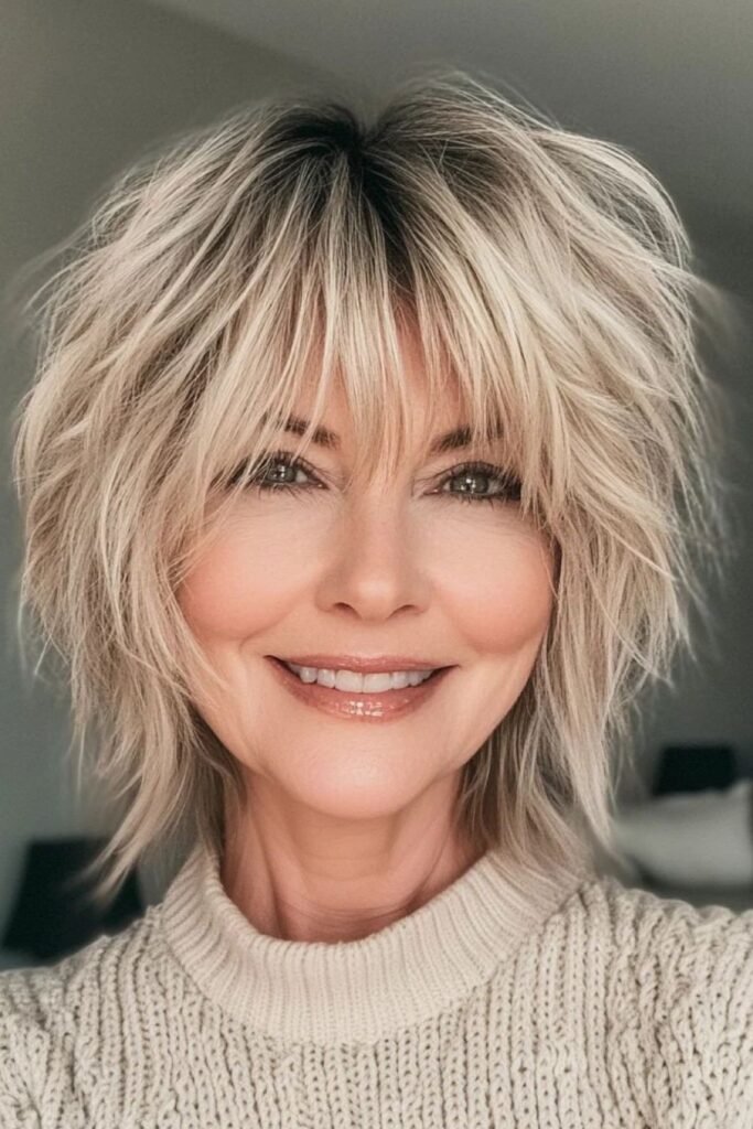 Choppy Blonde Shaggy Bob with Textured Fringe