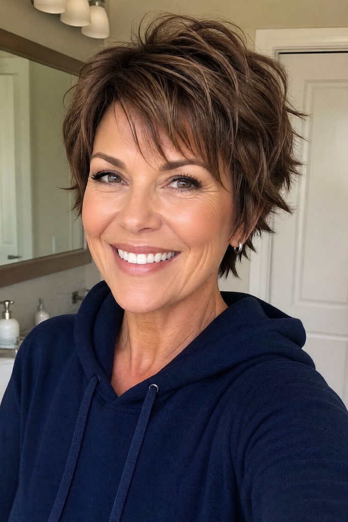 Choppy Brown Pixie Shag with Layered Crown Volume