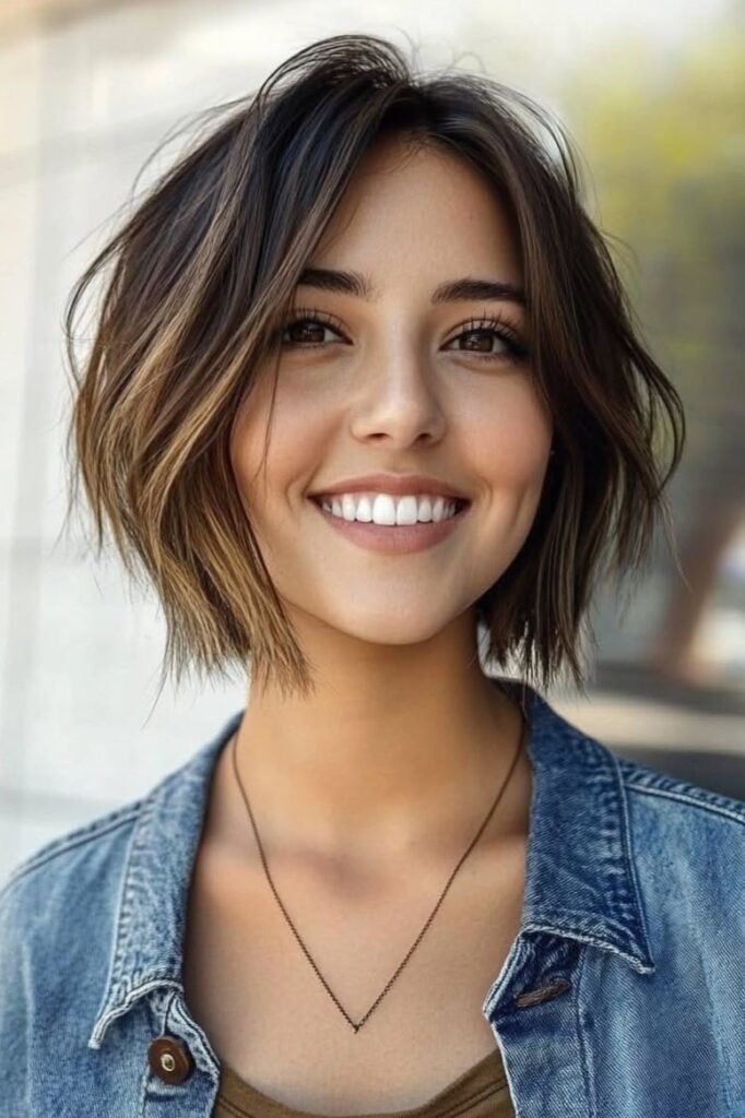 Choppy Brunette Bob with Caramel Face-Framing Highlights