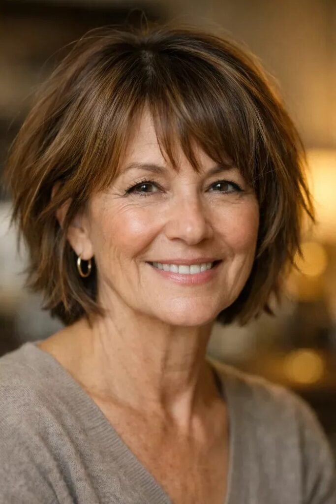 Choppy Brunette Bob with Feathered Bangs