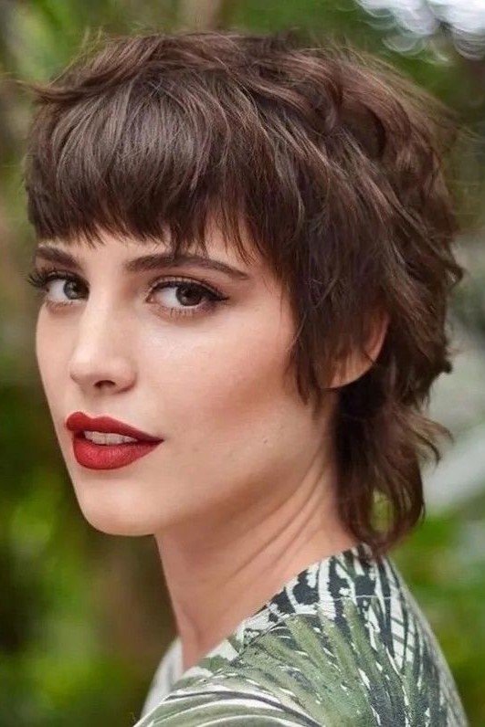 Choppy Brunette Shag with Full Bangs