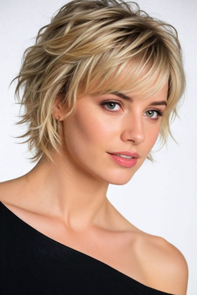 Choppy Layered Blonde Bob with Side-Swept Bangs
