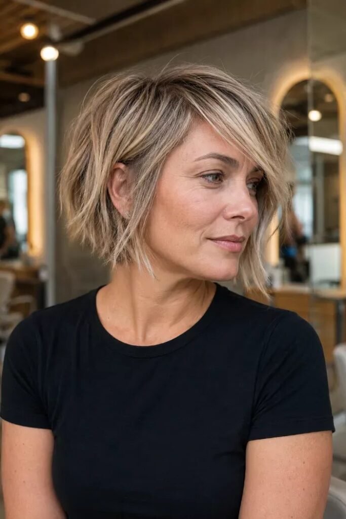 Choppy Layered Blonde Bob with Side-Swept Fringe