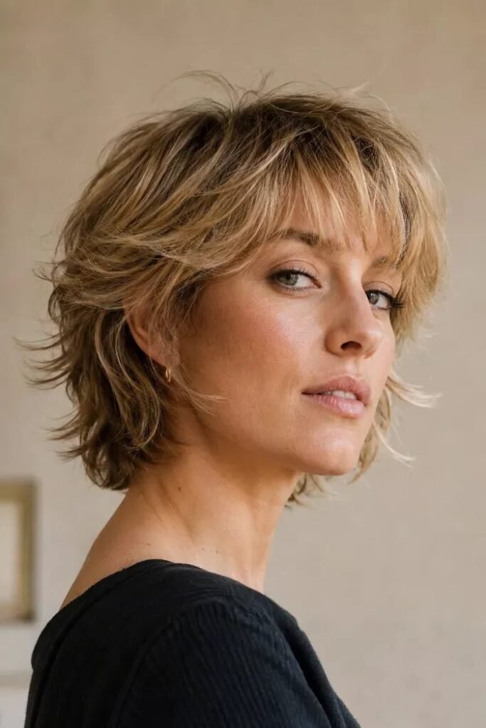 Choppy Layered Blonde Bob with Wispy Bangs