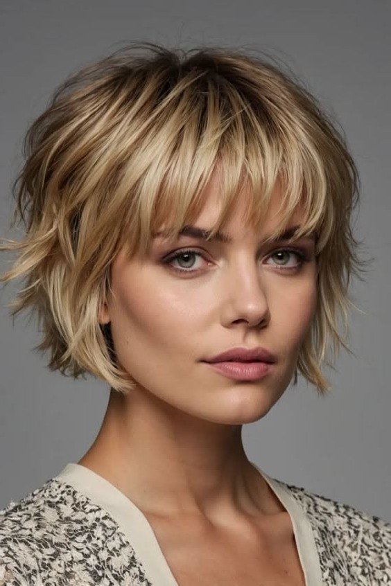 Choppy Layered Bob with Wispy Bangs