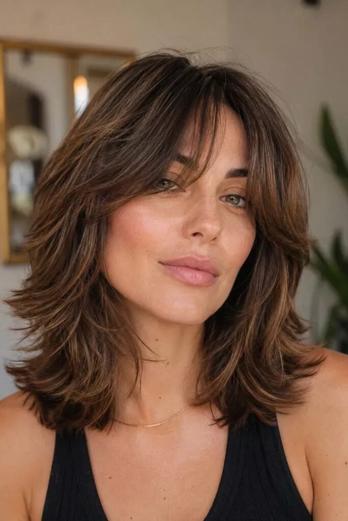 Choppy Layered Brunette Shag with Curtain Bang