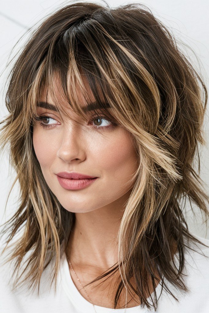 Choppy Layered Hair with Blonde Face-Framing Highlights