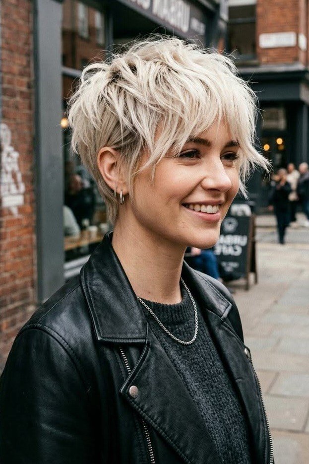 Choppy Platinum Blonde Pixie Shag with Leather Jacket