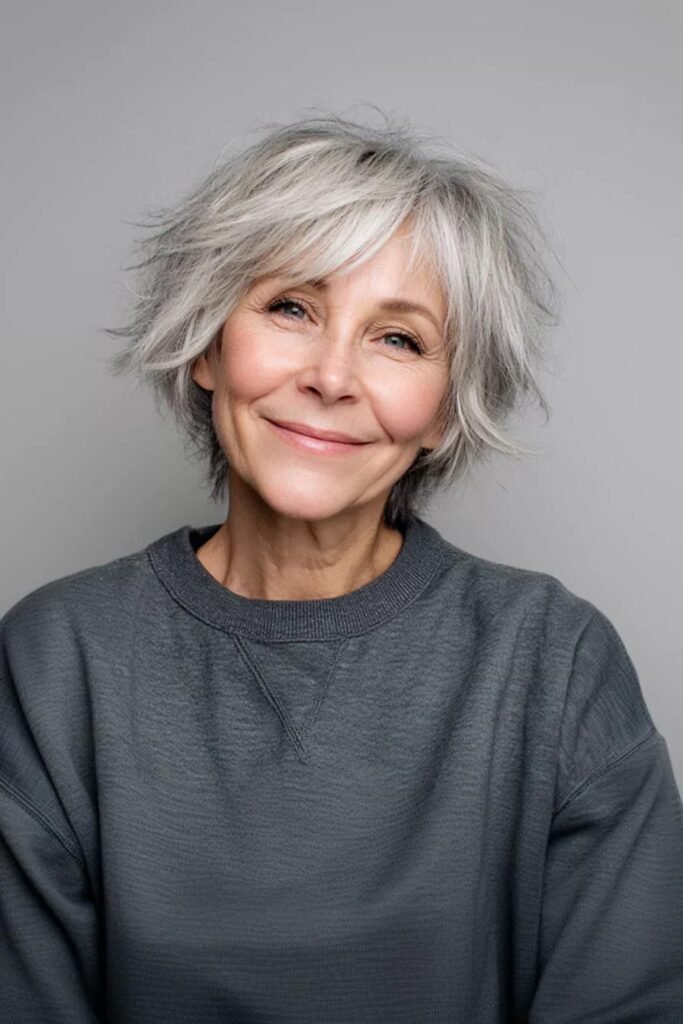 Choppy Silver Shag Bob with Soft Fringe