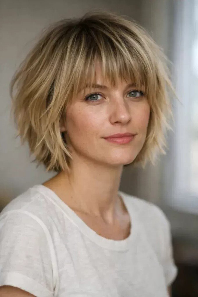 Choppy Textured Bob with Wispy Bangs