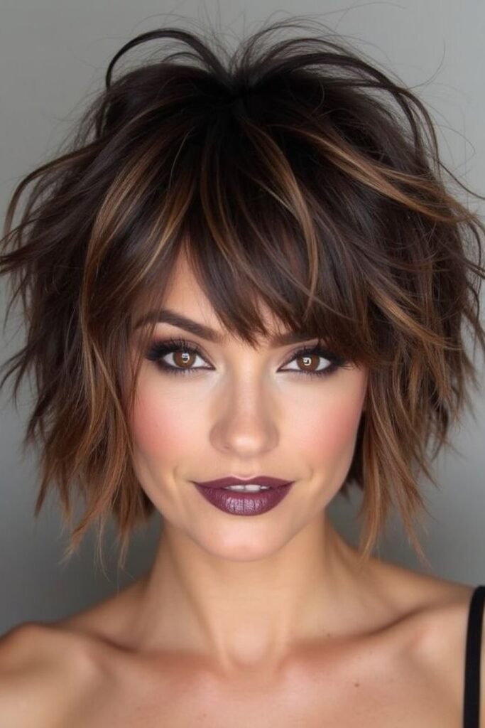 Choppy Textured Shaggy Bob with Dark Roots