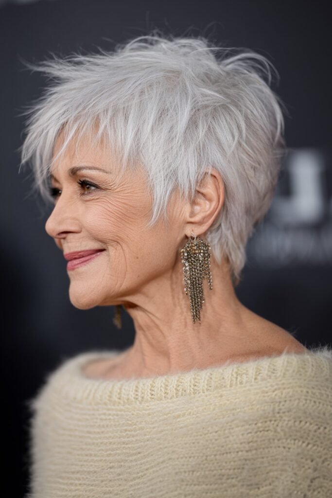 Choppy Textured Silver Pixie Cut with Side-Swept Fringe