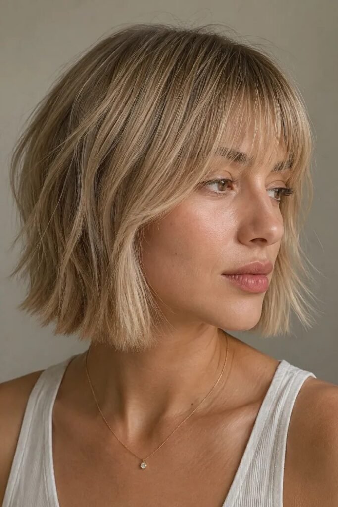Churned Blonde Shaggy Bob with Face-Framing Layers