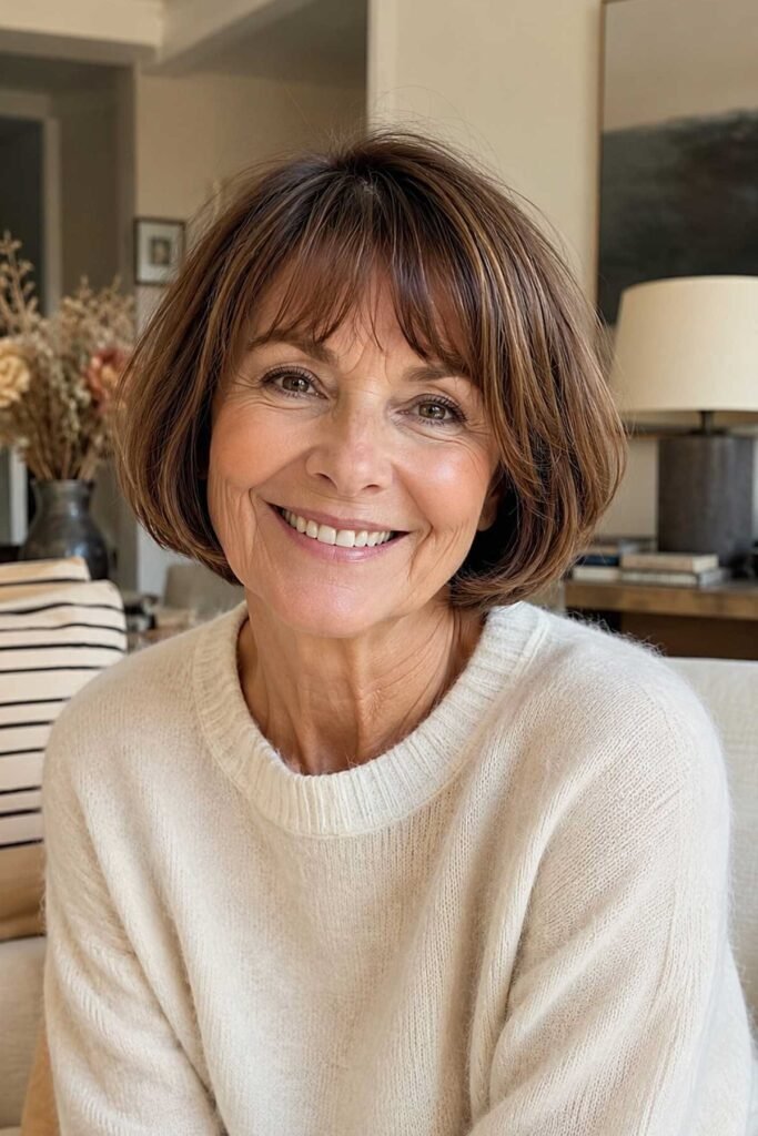 Classic Chestnut Bob with Delicate Bangs