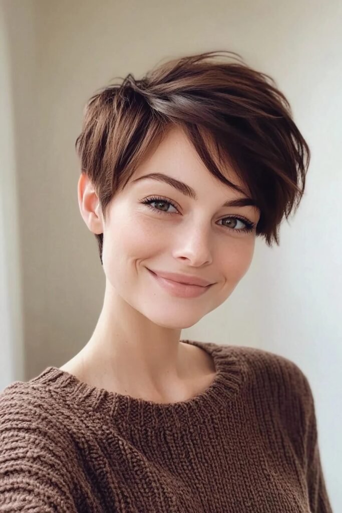 Classic Chocolate Brown Pixie Cut with Soft Texturized Layers