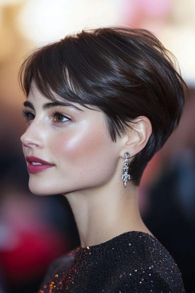 Classic Dark Brunette Pixie Cut with Delicate Side Fringe