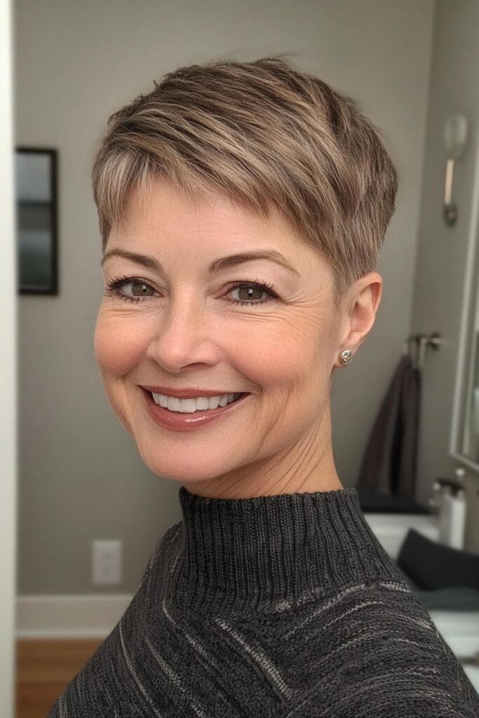 Classic Short Brown Pixie Cut with Fine Bangs