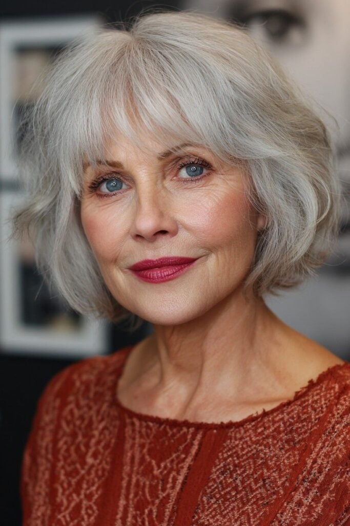Classic Silver Chin-Length Bob with Wispy Fringe