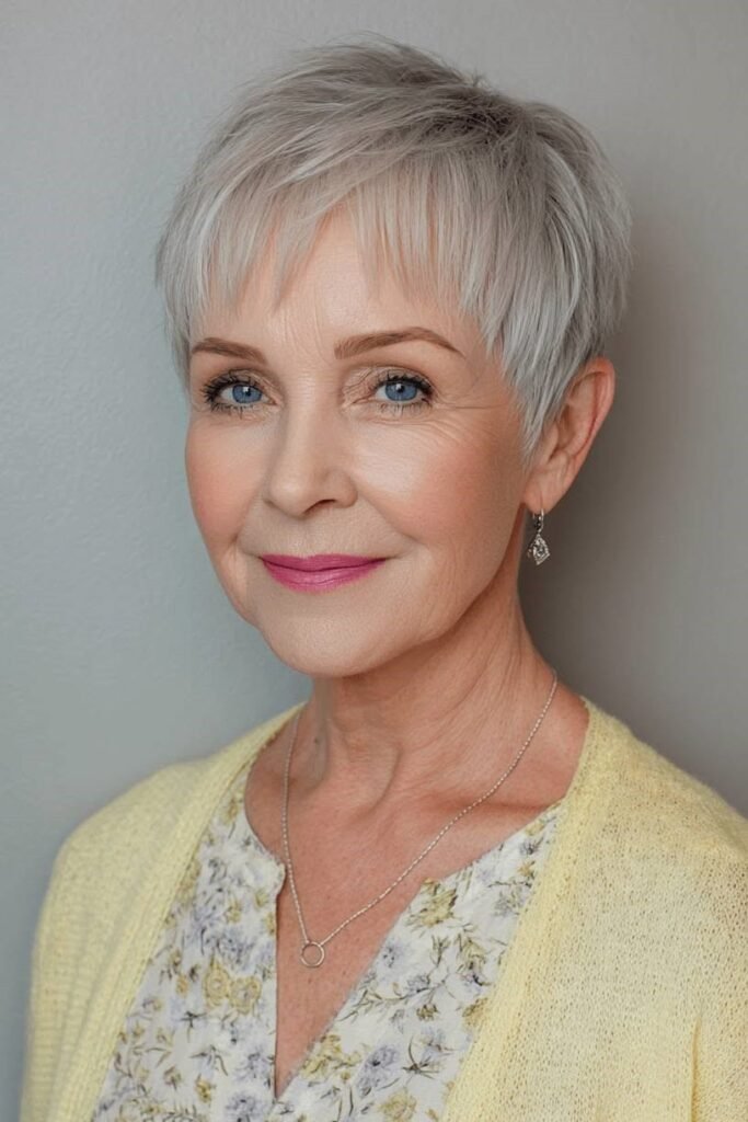 Classic Silver Pixie Cut with Soft Bangs