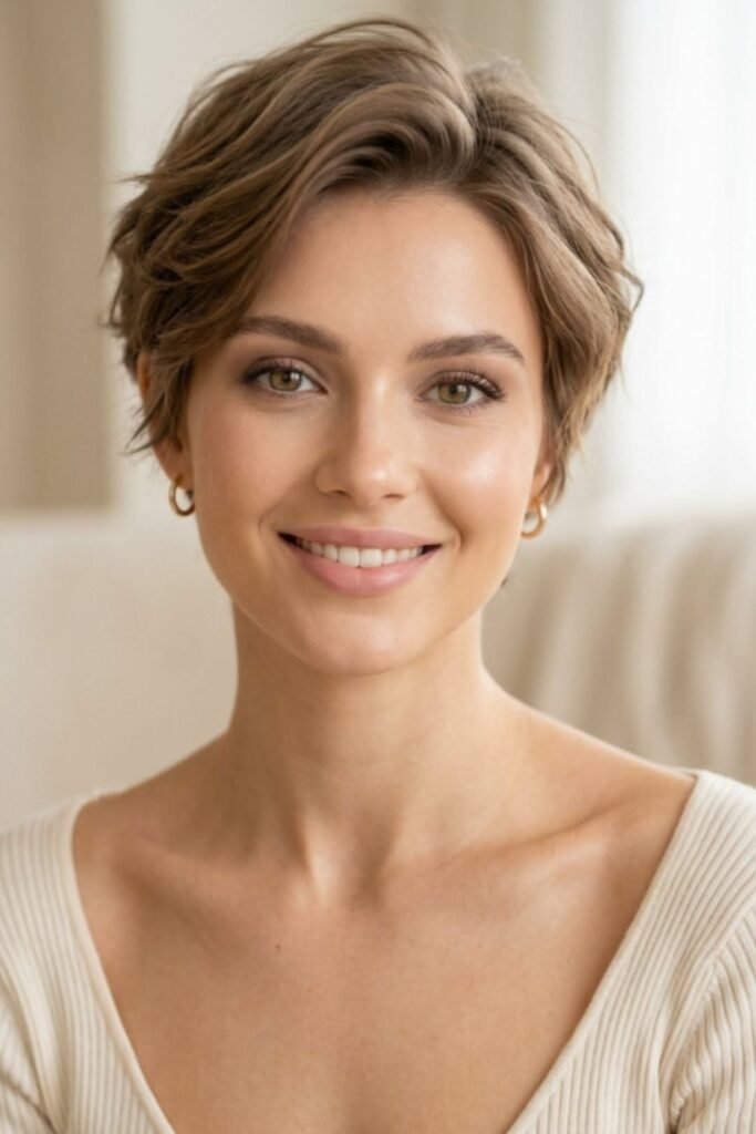 Classic Soft Brown Wavy Pixie Cut