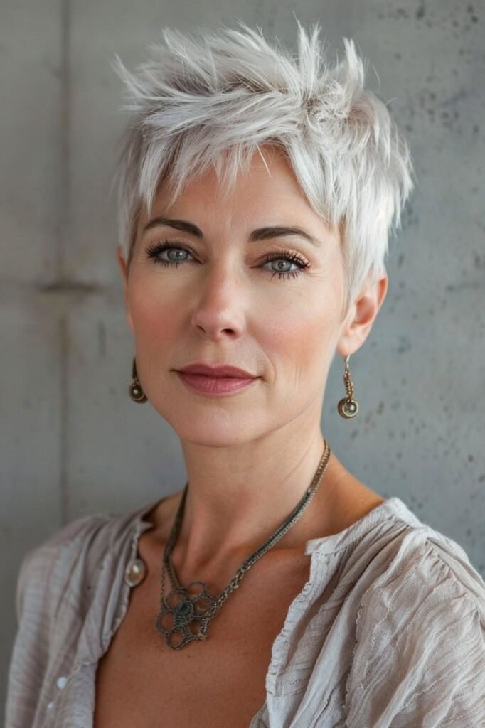 Cool Silver-White Spiky Pixie Cut with Soft Texture