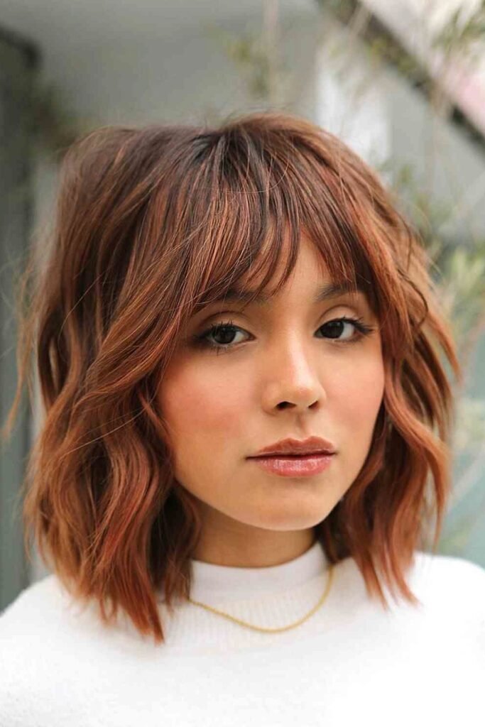 Copper Brown Textured Bob with Soft Bangs