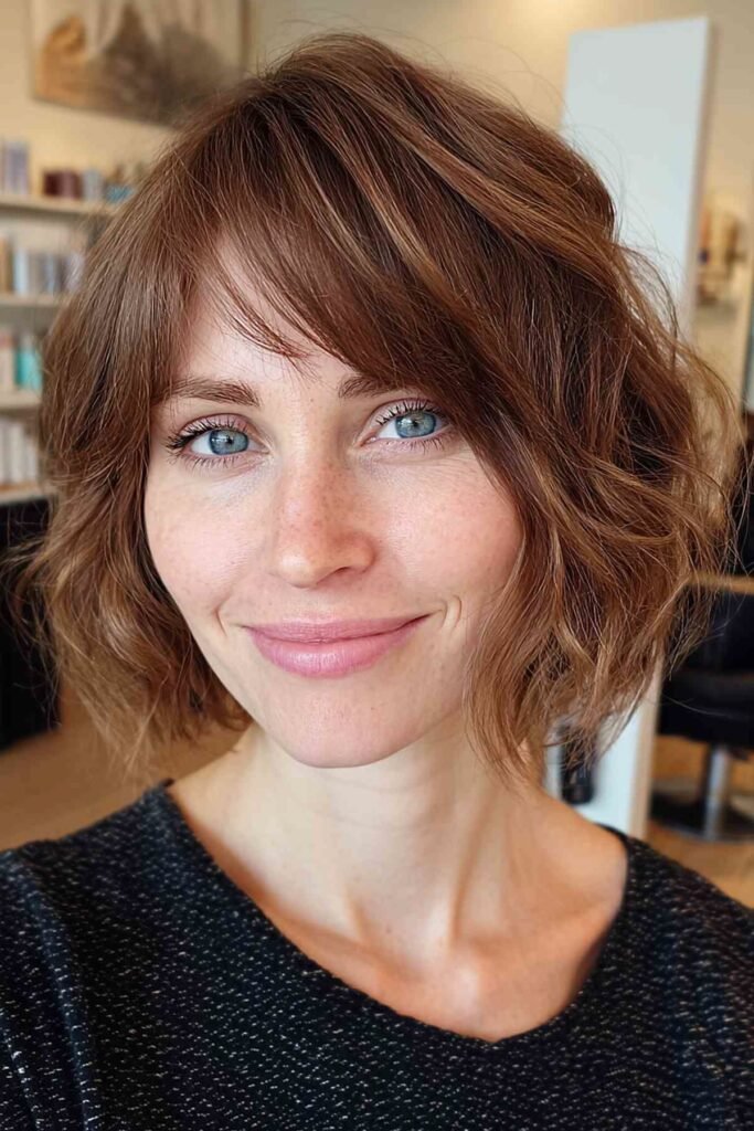 Copper Brown Wavy Bob with Soft Side Bangs