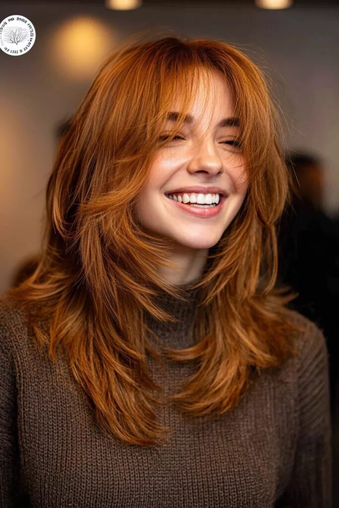 Copper Red Layered Shag Cut with Wispy Bangs