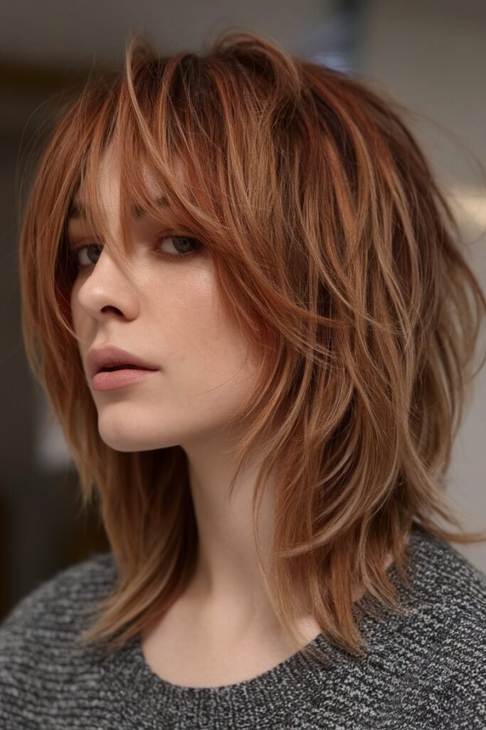 Copper Shaggy Bob with Face-Framing Layers