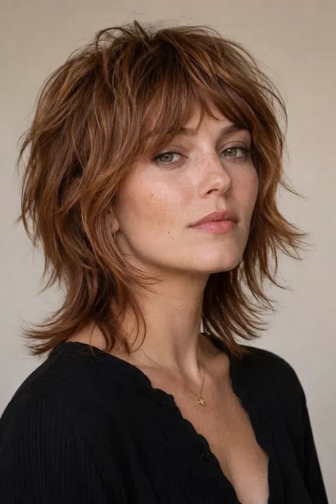 Copper Shaggy Layered Haircut with Bangs