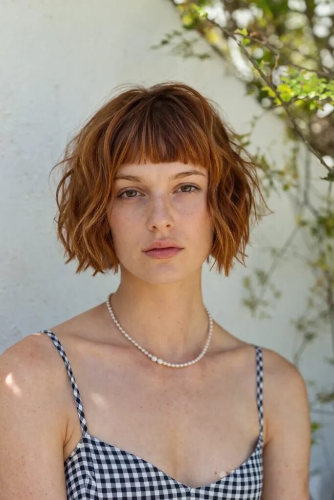 Copper Wavy Bob with Short Micro Bangs