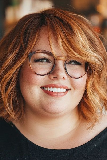 Copper Wavy Bob with Side-Swept Fringe and Glasses