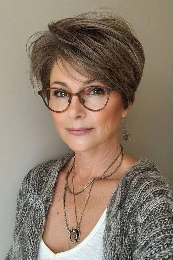 Cropped Layered Pixie Cut with Glasses