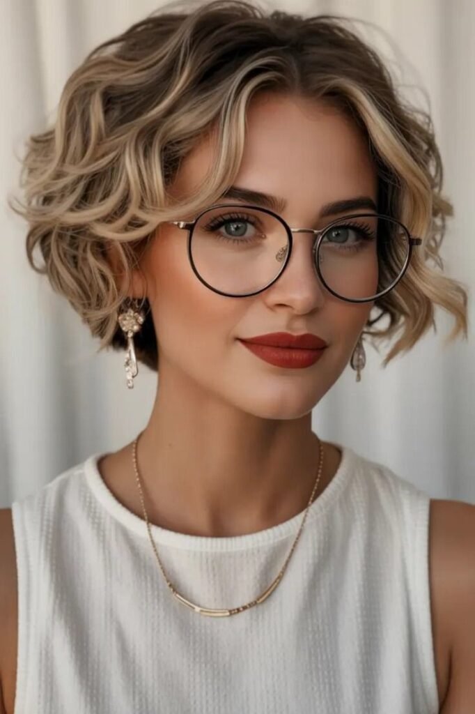 Curly Blonde Bob with Face-Framing Highlights and Glasses
