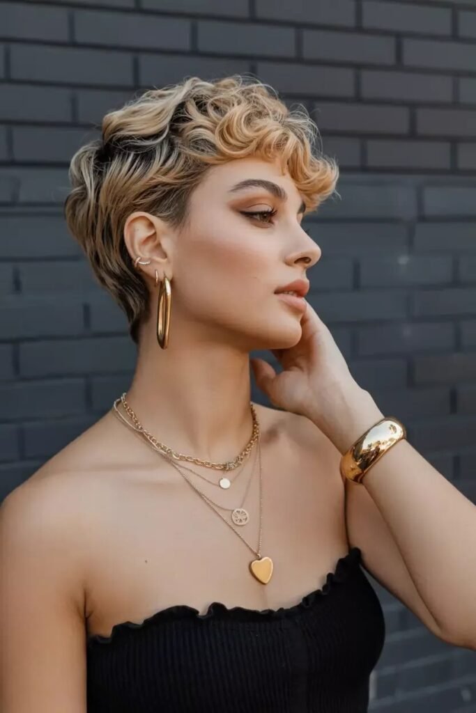 Curly Blonde Pixie Cut with Undercut