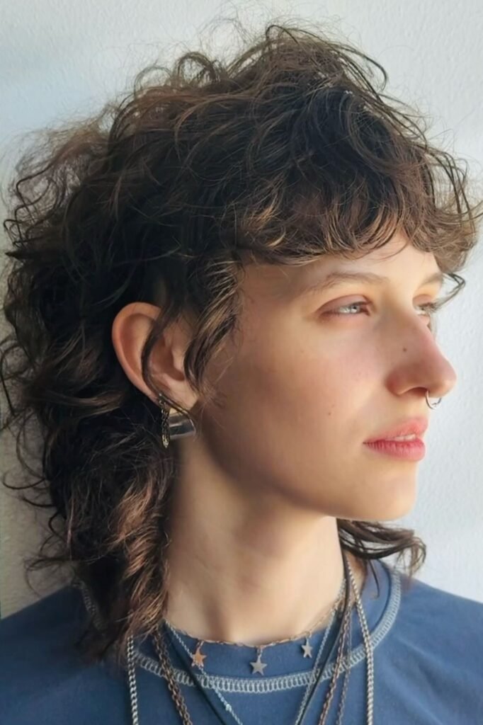 Curly Brown Shaggy Mullet with Textured Bangs