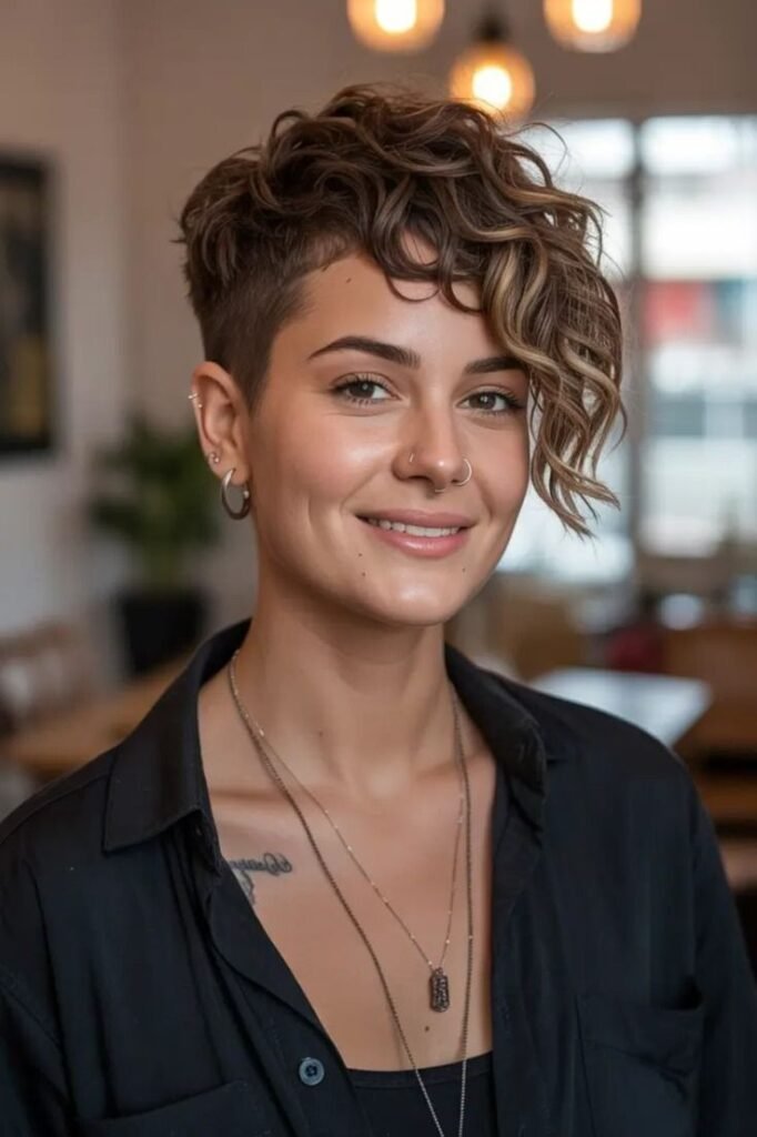 Curly Pixie Cut with Undercut and Highlights